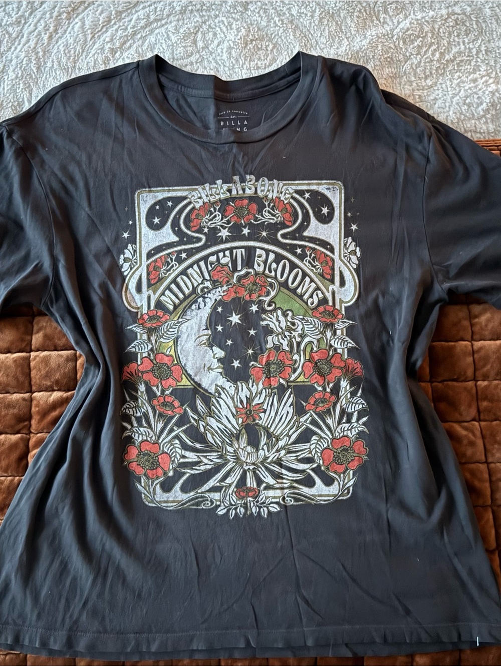 Billabong Black Graphic Tee with Red Floral Moon Design